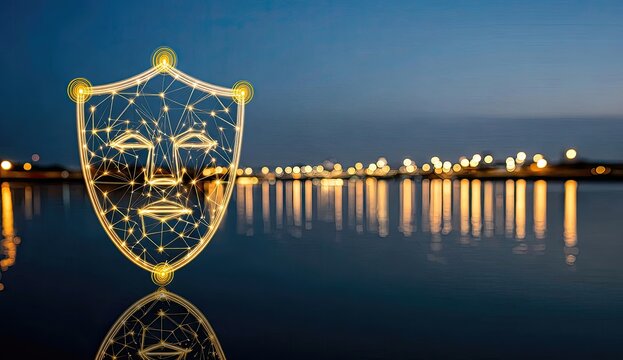 Abstract face mask reflected on water, illuminated by glowing points