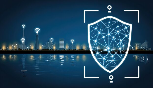 City skyline at night, protected by a glowing network shield - Powered by Adobe