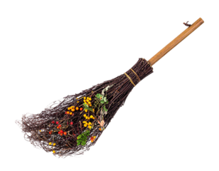 Traditional Witch Broomstick Made of Wood and Twigs Isolated on White Background