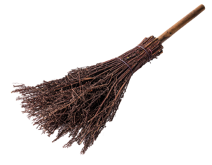 Traditional Witch Broomstick Made of Wood and Twigs Isolated on White Background
