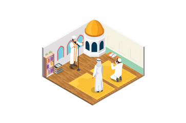 Illustration Praying in islam isometric composition with religious leader and muslims on mats on white background vector illustration, Suitable for Diagrams, Infographics, Book Illustration