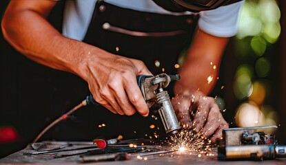 Close-up of hands welding metal outdoors.  Sparks fly
