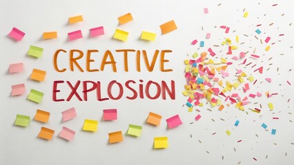 Colorful Sticky Notes Forming Creative Explosion Sign on White Wall for Inspiration and Innovation Concept