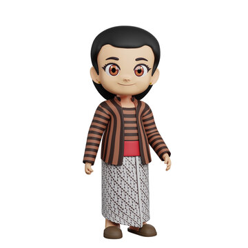 3d illustration of cartoon female character wearing Javanese traditional attire lurik brown striped kebaya with jarik batik sarong, Indonesian ethnic cultural clothing.
