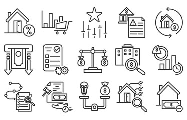 icon pack of refinance in creative outline vector style for loan debt restructuring mortgage refinancing financial freedom credit score improvement and money saving illustration © leaf icon studio