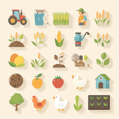 Vibrant flat icons showcase modern farming, growth, healthy food, and rural life for engaging projects
