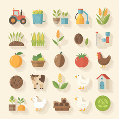 Vibrant farm icons showcase agriculture, crops, animals, and machinery for modern design
