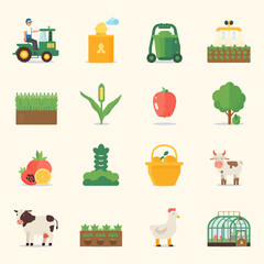 Vibrant farm icons showcase agriculture, healthy produce, and happy animals creating a wholesome lifestyle.

