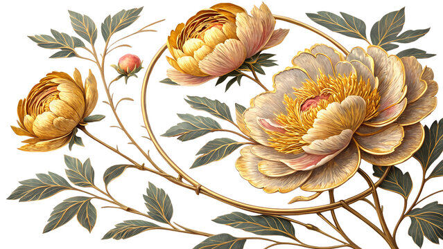 Elegant Golden Peony Floral Illustration on Transparent Background