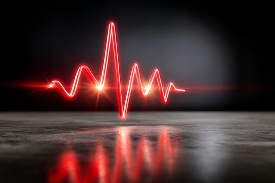 Glowing red heartbeat line on reflective surface in dark room