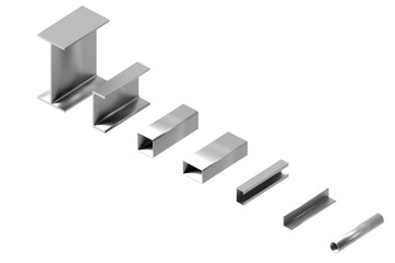 3D render of various steel profiles collection including h beam i beam square tube rectangular tube angle bar and pipe for structural construction and engineering design
