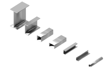 3D render of various steel profiles collection including h beam i beam square tube rectangular tube angle bar and pipe for structural construction and engineering design