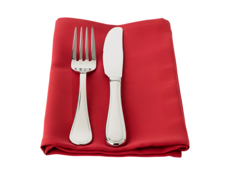 Silver fork and knife on a red napkin isolated on transparent background