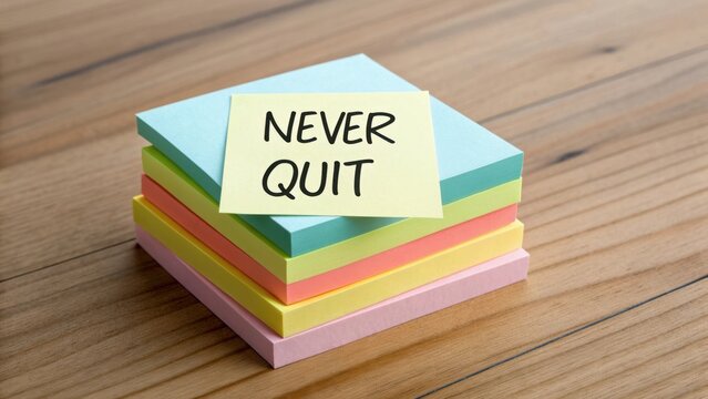 Colorful sticky notes stack with a motivational message "Never Quit" on a wooden desk background