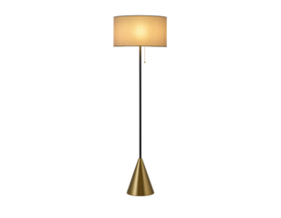 Modern brass floor lamp with conical base and fabric shade isolated on transparent background