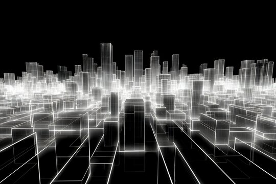 Futuristic neon light cityscape with glowing grid lines