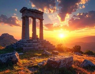Fototapeta premium Ancient Stone Temple Ruins on Hilltop at Sunset with Golden Light and Dramatic Sky Breathtaking Landscape