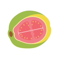 Half of a guava fruit, showing the pink flesh and green skin.