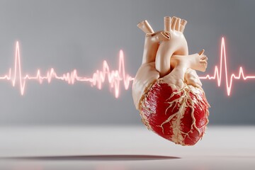 Realistic human heart with ekg waveform on gray background