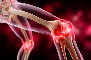 Detailed anatomy of human knee joint with highlighted bones and ligaments