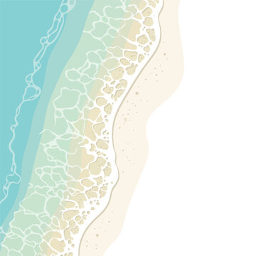 Top-down aerial illustration of a serene tropical beach with turquoise ocean waves and sandy shore.