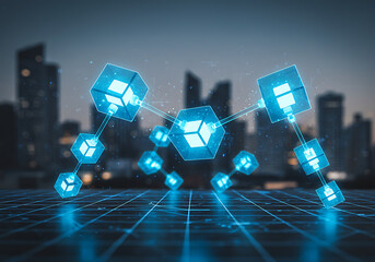 Digital cubes interconnected, glowing, over cityscape, representing blockchain technology.