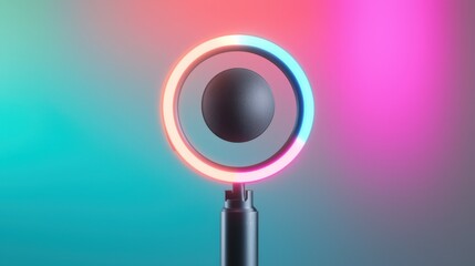 A modern microphone surrounded by a vibrant, glowing ring of colors, showcasing a sleek design against a gradient background.