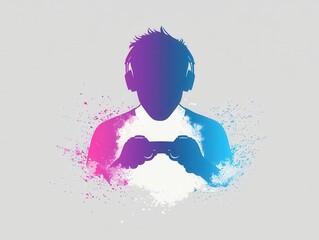A silhouette of a person wearing headphones and holding a game controller, surrounded by colorful splashes, representing gaming culture.