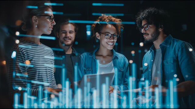 Digital Frontier Explorers: A team of bright individuals, illuminated by futuristic digital displays, passionately collaborate, pushing the boundaries of technology