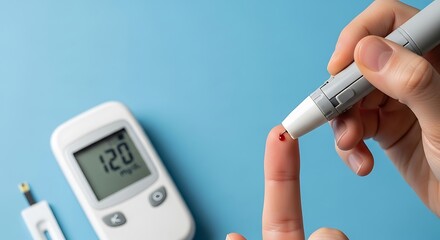 A person uses a lancet device to prick their finger for a blood glucose test, with a glucometer showing a reading of 120 mg/dL.