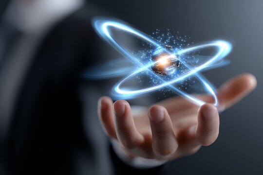 Futuristic concept of atomic energy with glowing atom hovering above hand