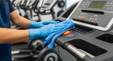 Person cleaning a treadmill console with a blue cloth and wearing blue gloves in a gym setting