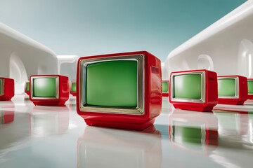 Retro red televisions in futuristic white room with glossy flooring