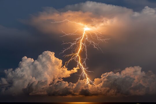 Dramatic lightning bolt illuminating dark storm clouds over ocean at twilight