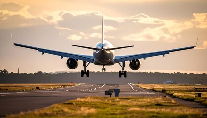 Naklejka premium Airplane landing at sunset