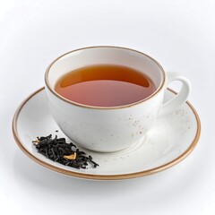 A cup of tea on a saucer, side view