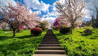 Obraz premium A sun-drenched path of stone steps ascends through blooming trees and vibrant green grass, under a bright, cloudy sky