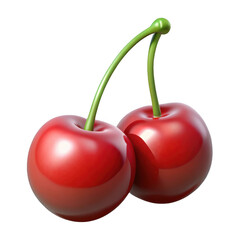 Close up detail of two ripe juicy cherries with stems on a black backdrop isolated on transparent background
