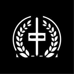 A white stylized cross emblem with a laurel wreath on a black background, symbolizing faith and victory.