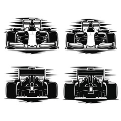 Four views of a race car, front and back, in black and white.