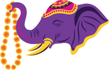 Decorative Elephant with Marigold Garland For Indian Festive Occasion Diwali Celebration and Wedding