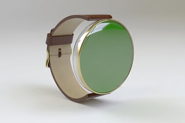 Sleek, modern smartwatch with a green display and brown leather band