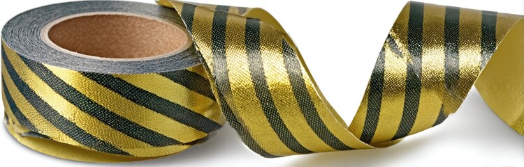 Gold and black striped ribbon coiled on a spool