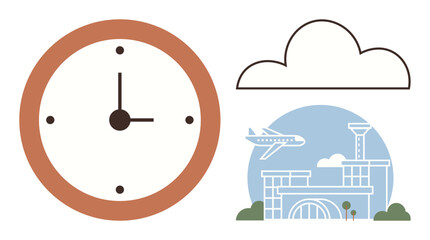 Brown-edged clock, outlined cloud, and airport scene with airplane in flight. Ideal for travel, time management, transportation, punctuality, aviation planning global connectivity. Simple flat