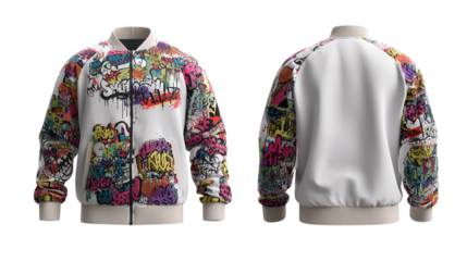 Front and back view of a colorful graffiti bomber jacket isolated on transparent background