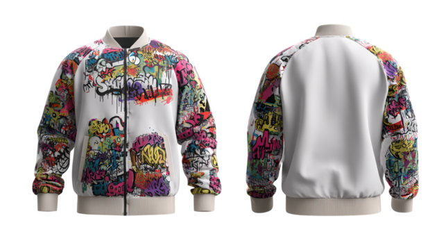 Front and back view of a colorful graffiti bomber jacket isolated on transparent background