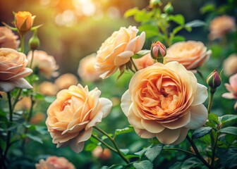 Soft peach-hued rose blooms in a lush garden amidst greenery and foliage on a hazy day