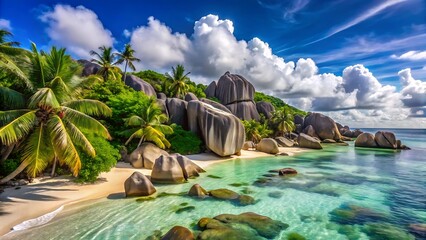Obraz premium Tropical beach with turquoise water, palm trees, and granite rock formations