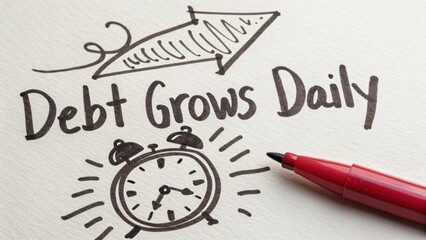 Daily Increase of Debt Illustrated with Clock and Arrow, Financial Growth Concerns Emphasized with Hand-Drawn Elements