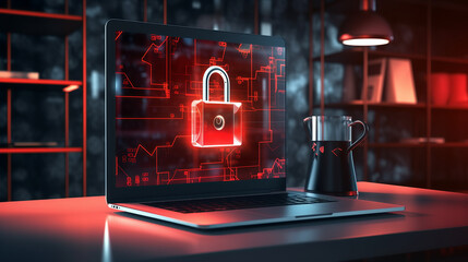 Cyber Security Laptop with Red Lock Icon: Data Protection & Digital Safety Concept for Home Office, Modern Tech Illustration